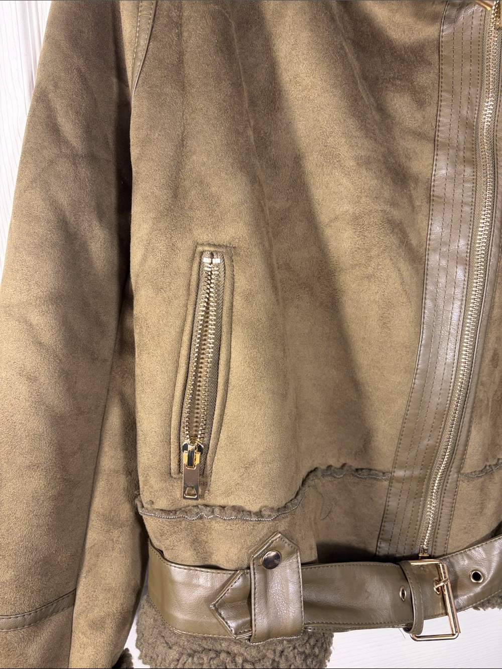 Haute Monde Olive Green Shearling-Lined Aviator Jacket - Picture 5 of 7
